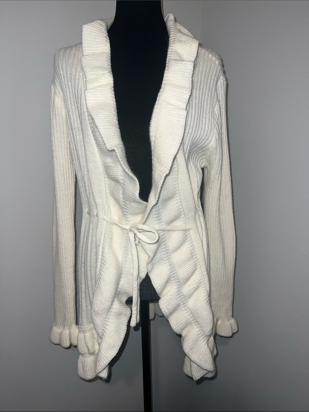 Cache Cream Ruffled Tie-Front Shawl Cardigan